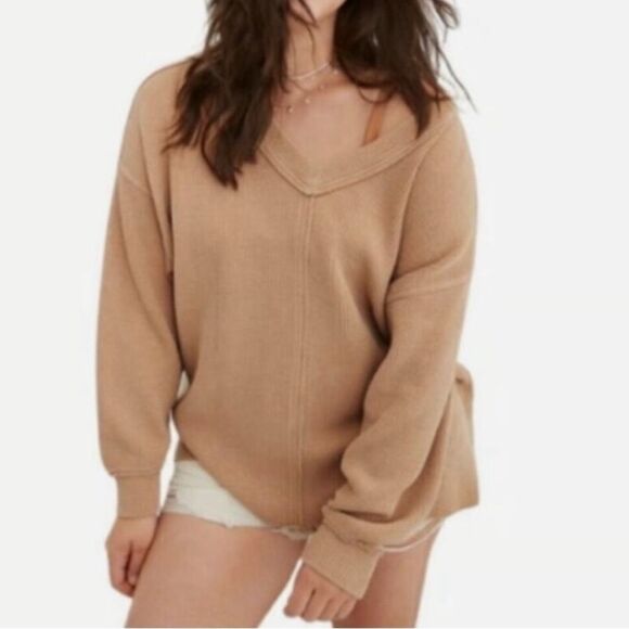 Aerie textured wonder ribbed v neck sweatshirt tan - Picture 1 of 4